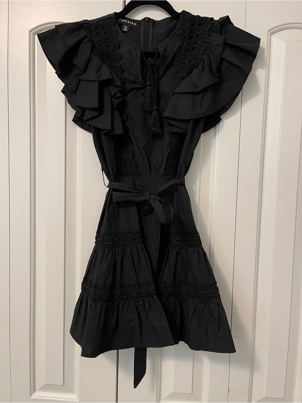 Parisian Works Black Ruffle Tie-Waist Mini Dress